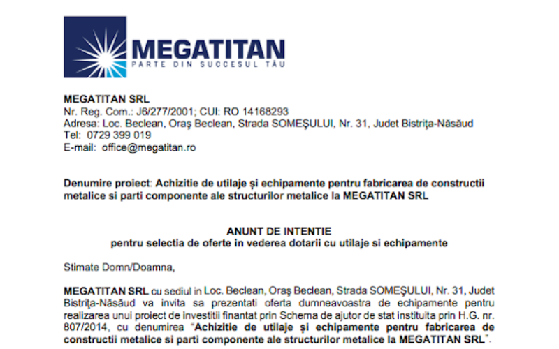 MEGATITAN Beclean – anunț de intenție achiziție echipamente